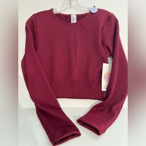 Bella Movement Cropped Long Sleeve Stretchy Ribbed Burgundy Top